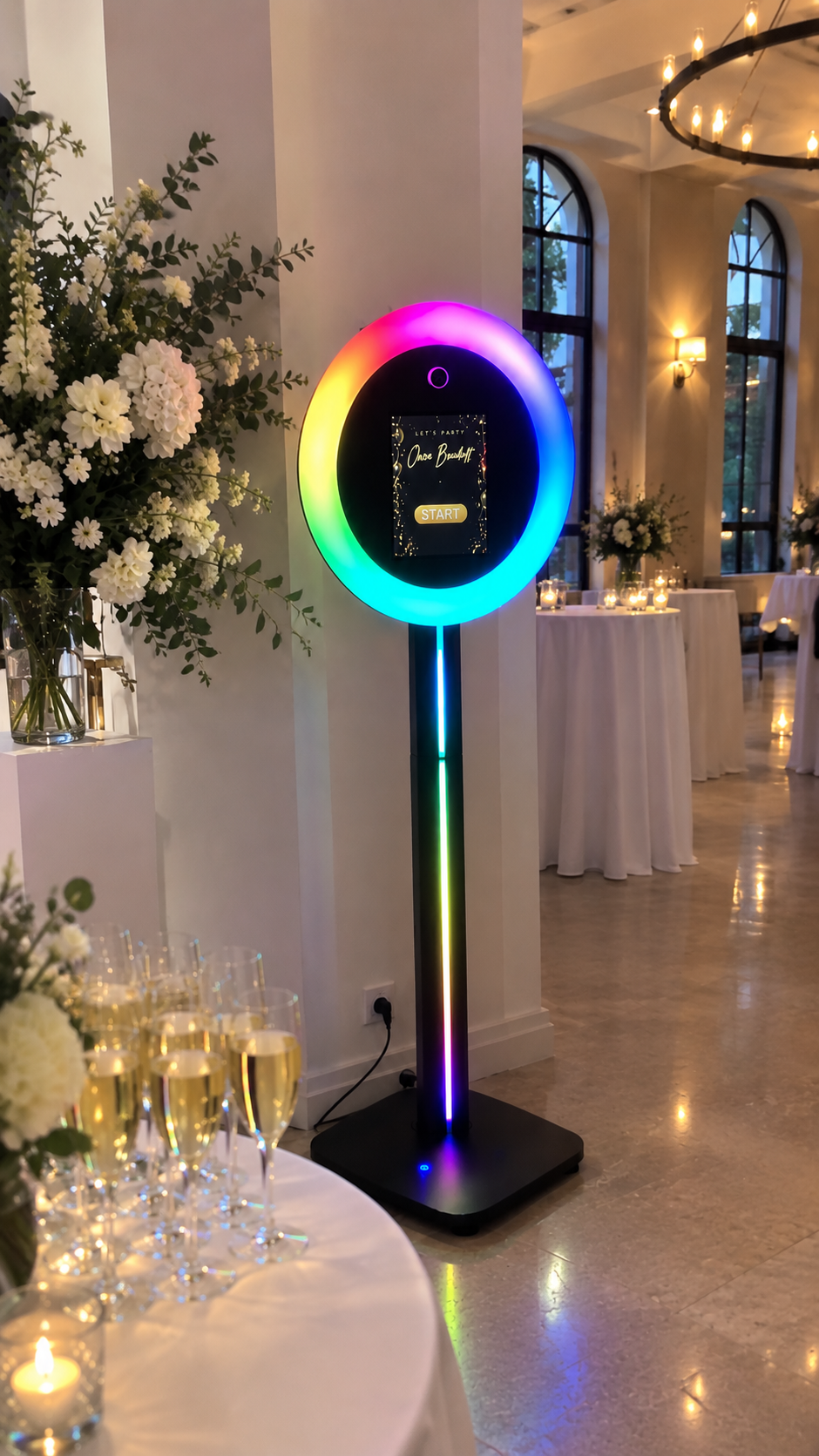 Ziezophotobooth met kleurrijke LED-ring op een feestlocatie
